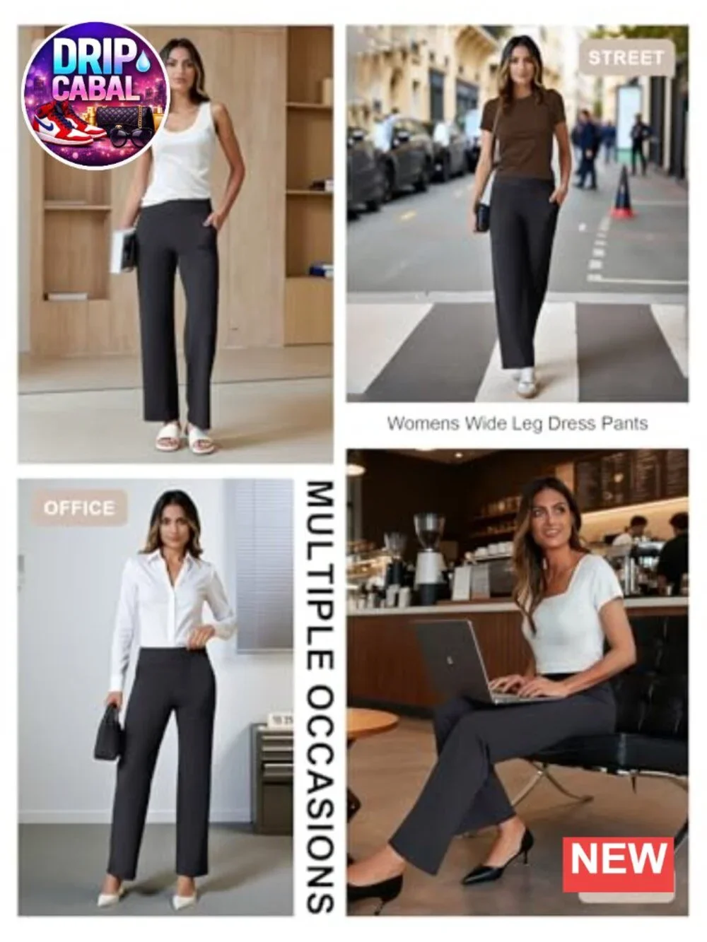 Wide Leg Pull On Dress Pants Stretchy Work Trousers 4 Pockets